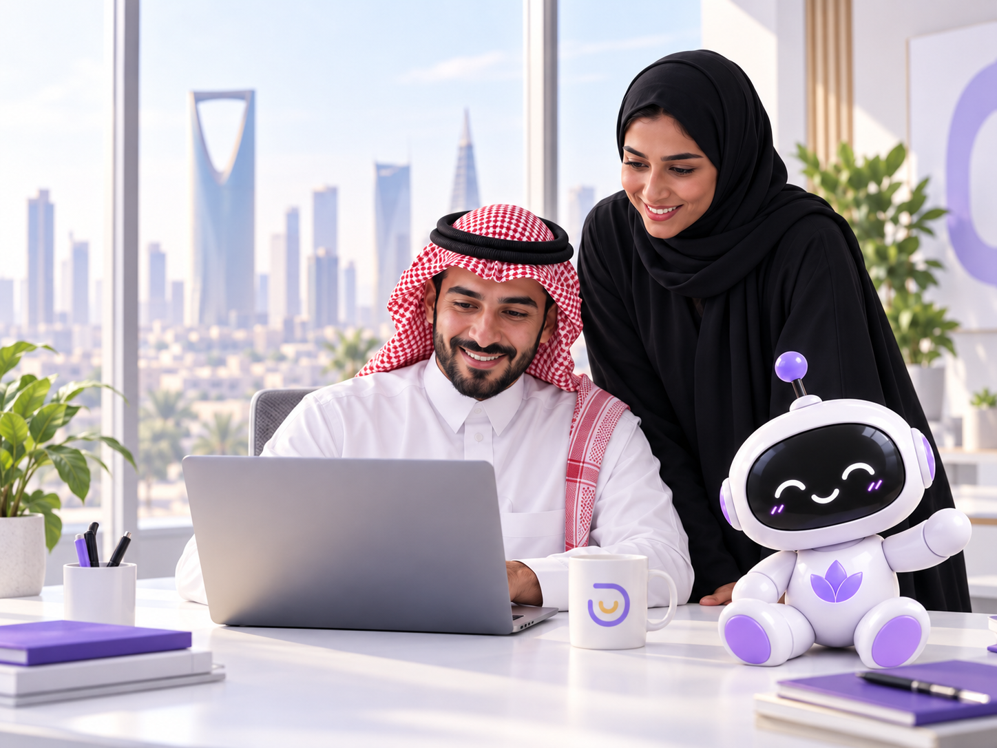 موظف وموظفة سعوديان في مكتب مع مساعد رفاه · Two Saudi employees in an office with the Rafah assistant